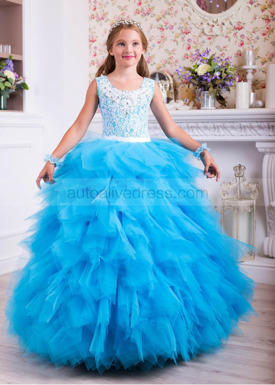 White Lace Blue Tulle Ruffled Floor Length Flower Girl Dress